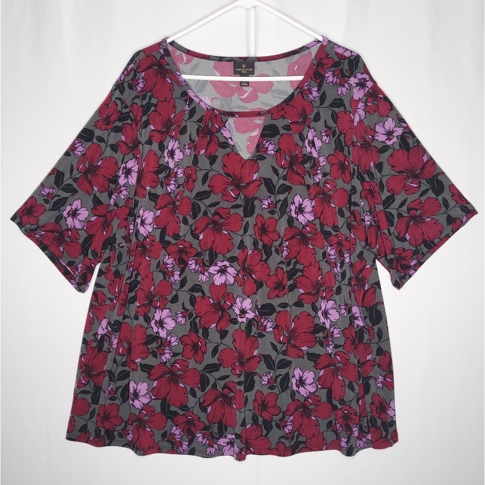 Worthington Top 3X Gray Red Purple Floral Stretch Keyhole Neck Short Sleeve